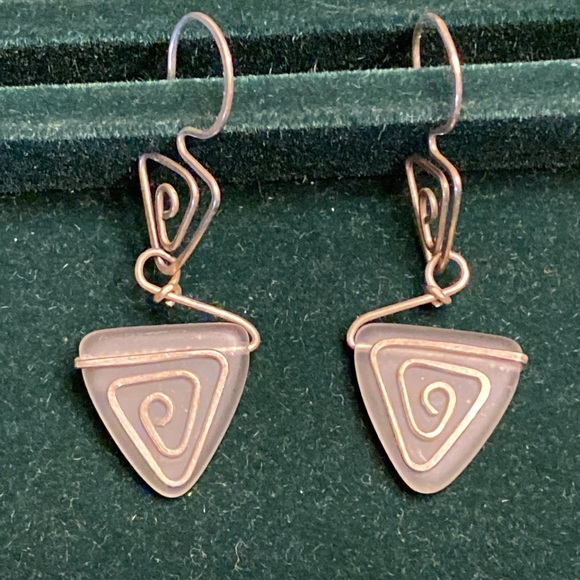 Sea Glass Silver Wire Wrapped Drop Earrings - Picture 6 of 10